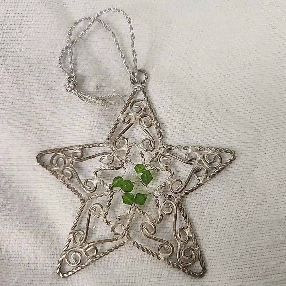 See Through Star Christmas Ornament 3D Metal Brass Color With Iridescent Beads